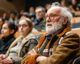 Un anziano con barba bianca e occhiali partecipa a un evento, forse per scoprire le agevolazioni over 65.