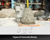 Concrete slump test with a cone mold, measuring tape, and diagrams of slump types.