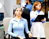 Donna con casco per esame neurologico, mentre un medico prende appunti.