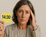 Donna con espressione preoccupata tiene un foglietto con scritto "14:30", forse un promemoria per la perdita di memoria a 50 anni.