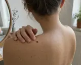 Spalla di donna con nei, uno più scuro attira l'attenzione, suggerendo un possibile dolore alla pelle.