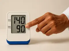 Dito un dito preme il pulsante di un misuratore di pressione che mostra 140/90.