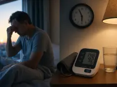 Uomo con mal di testa a letto, misuratore di pressione e bicchiere d'acqua sul comodino. Con la pressione alta bisogna stare a riposo.