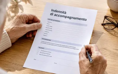 Mani anziane compilano un modulo per l'indennità di accompagnamento, chiedendosi dopo quanto tempo arriva l'assegno.