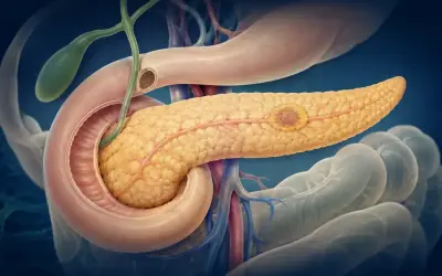 Pancreas con un tumore, che produce enzimi pancreatici. Vicino al duodeno e alla cistifellea.