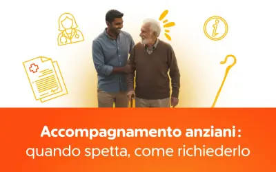 Giovane assiste anziano con bastone. Icone mediche e informative suggeriscono la **domanda invalidità anziani**.