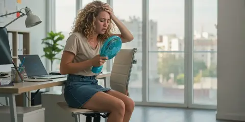 Donna con capelli ricci, in ufficio, soffre il caldo con un ventilatore portatile. La sua fronte è imperlata di sudorazione improvvisa.