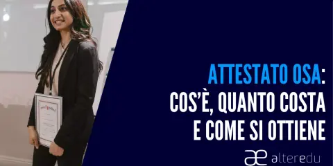 Giovane donna sorride tenendo un attestato. Il testo spiega cos'è l'attestato OSA, quanto costa e come ottenerlo.