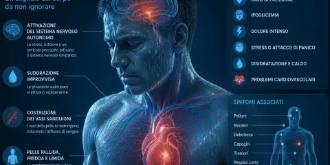 Uomo con sudore freddo, sintomo di stress o problemi cardiovascolari, che spiega perché si suda anche se non fa caldo.