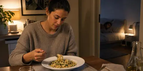 Donna mangia pasta con verdure, un modo gustoso per condire la pasta per chi soffre di reflusso.
