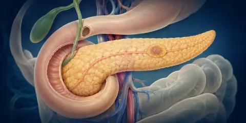 Pancreas con un tumore, che produce enzimi pancreatici. Vicino al duodeno e alla cistifellea.