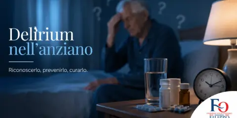 Un anziano confuso, con punti interrogativi sullo sfondo, affronta il delirio notturno. Sul comodino, farmaci e un bicchiere d'acqua.