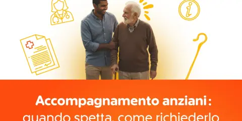 Giovane assiste anziano con bastone. Icone mediche e informative suggeriscono la **domanda invalidità anziani**.