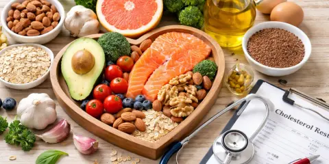 Salmone, avocado, noci e altri cibi sani per combattere il colesterolo 260 dopo 50 anni. Stetoscopio e ricetta medica in primo piano.