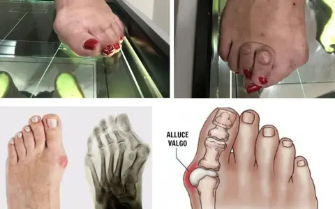 Immagini di piedi con alluce valgo, radiografie e un'illustrazione anatomica. Il dottore dei piedi, l'ortopedico, studia queste condizioni.