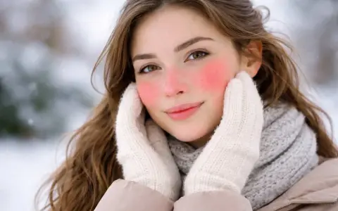 Ragazza con guance rosse per il freddo, mani coperte da guanti bianchi, sciarpa grigia e giacca beige. L'arrossamento della pelle è evidente.