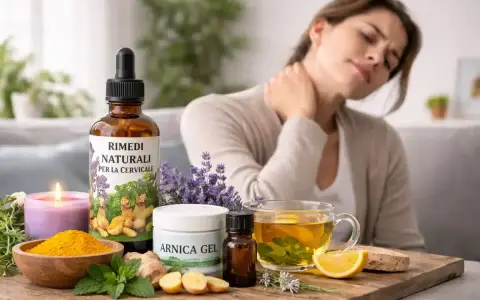 Donna con dolore al collo, circondata da rimedi naturali per il prurito al collo e rossore, tra cui arnica, zenzero e tisana.