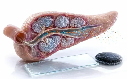 Pancreas che rilascia amilasi e lipasi. Le sfere blu e arancioni rappresentano gli enzimi digestivi.