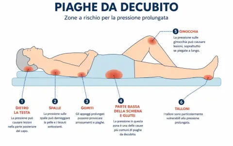 Illustrazione mostra le zone a rischio di piaghe da decubito: testa, spalle, gomiti, schiena, glutei, ginocchia e talloni. Prevenire è il primo passo per curare le piaghe.
