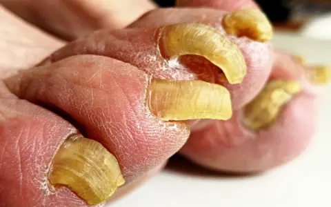 Primo piano di unghie doppie sui piedi, con pelle secca e screpolata.