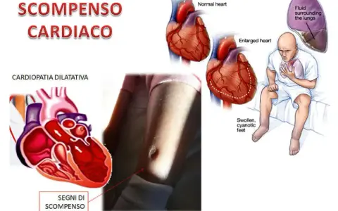 Illustrazione che mostra un cuore normale e ingrossato, un paziente con sintomi di scompenso cardiaco e fluidi polmonari. Lo scompenso cardiaco può regredire con cure adeguate.