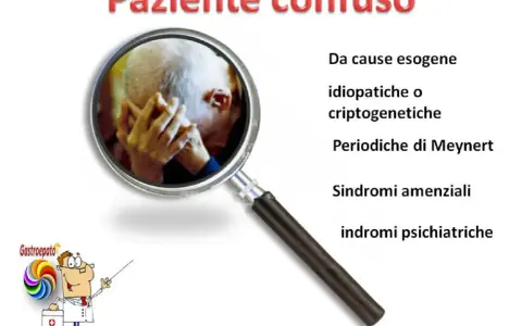 Ingrandimento su un anziano con mani sul volto, simbolo di confusione mentale. Elenco di cause: esogene, idiopatiche, criptogenetiche, Meynert, amenziali, psichiatriche.