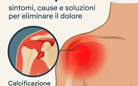 Spalla con tendinite calcifica: ingrandimento mostra calcificazione e area infiammata in rosso. Sintomi, cause e soluzioni per il dolore.