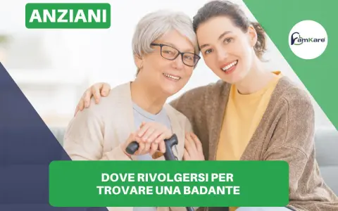 Anziani sorridenti, una giovane donna abbraccia un'anziana con bastone. Guida su come trovare una badante.