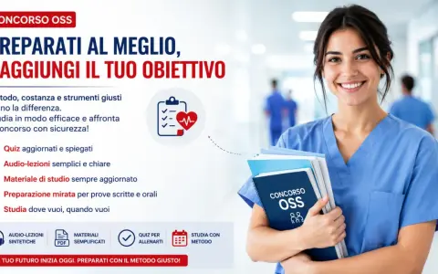 Donna sorridente in camice blu, futura assistente socio sanitario, con libri per il concorso OSS.
