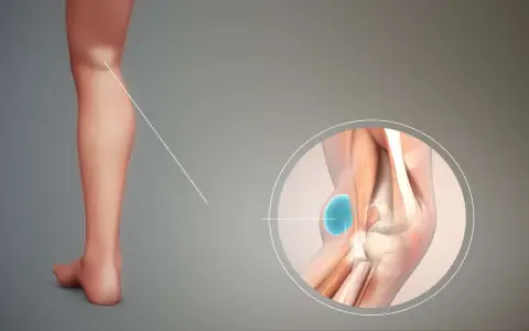 Ingrandimento del ginocchio che mostra una cisti di Baker. Nonostante la cisti, si può camminare.