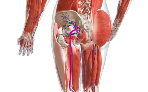 Anatomia del bacino e della coscia, con vasi sanguigni e muscoli. Potrebbe illustrare i nervi infiammati sintomi.