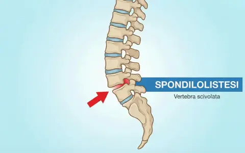 Illustrazione della spondilolistesi, con una vertebra lombare scivolata in avanti. Potrebbe causare sintomi neurologici.