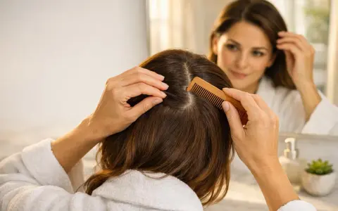 Donna si pettina i capelli, cercando sollievo dal prurito al collo. Riflessa nello specchio, si tocca la testa con preoccupazione.