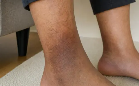 Gambe con macchie scure, segno di problemi di circolazione. La pelle presenta discromie evidenti nella zona della caviglia.