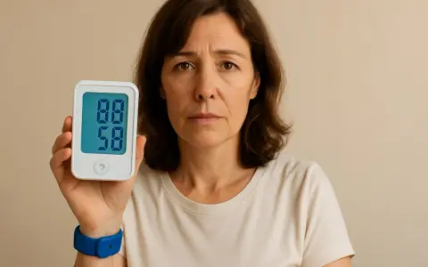 Donna preoccupata mostra un misuratore di pressione con valori bassi, 88/58. Potrebbe essere un segnale di pressione bassa anziani 80 anni.
