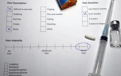 Questionario McGill Pain Questionnaire: dolore acuto, da 6-12 mesi, intensità peggiore. Siringa e pillola vicine.