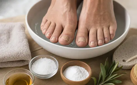 Piedi in ammollo per ammorbidire le unghie dei piedi senza acqua. Ingredienti naturali per un trattamento casalingo.