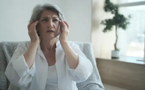 Donna anziana con mani sulle tempie, espressione preoccupata, forse un momento di **perdita di memoria improvvisa**.