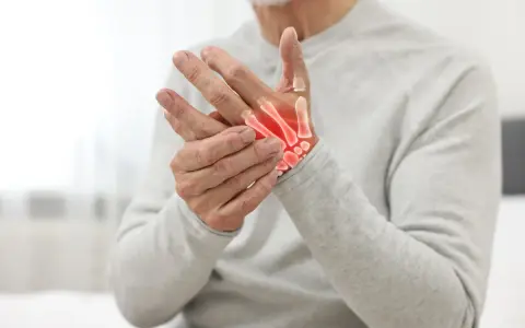 Uomo anziano con mani che mostrano i sintomi dell'osteoartrosi, con ossa evidenziate in rosso per indicare infiammazione.
