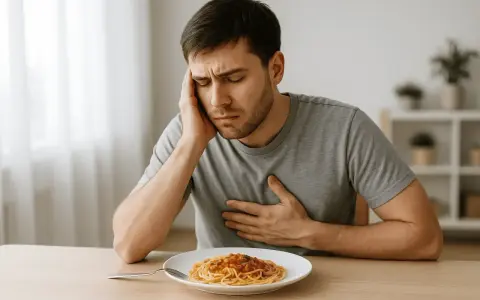Uomo con mal di testa e dolore al petto, forse per sudare dopo mangiato. Piatto di spaghetti sul tavolo.