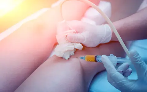 Mano con guanto in lattice esegue iniezione di plasma nel ginocchio, guidata da ecografo. Nonostante il fastidio, fa male togliere il liquido dal ginocchio.