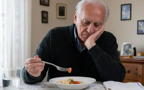 Anziano che non mangia quanto dura, con il cibo nel piatto e un bicchiere d'acqua.