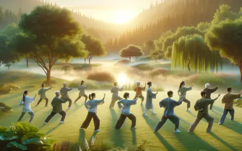 Gruppo di persone pratica Tai Chi in un paesaggio sereno. Sebbene il Tai Chi abbia pochi tai chi controindicazioni, è sempre bene consultare un medico.