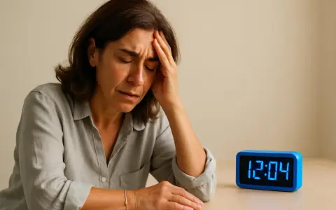 Donna con mano sulla fronte, espressione di sofferenza e senso di instabilità e sbandamento. Orologio digitale segna 12:04.
