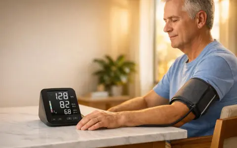 Uomo anziano misura la pressione, monitor mostra valori. Gestire l'ipertensione emotiva è importante per il benessere.