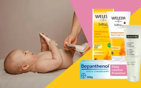 Bambino con pannolino e creme per la dermatite da pannolino quale crema usare: Weleda, Suavinex e Bepanthenol.