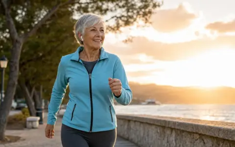 Donna sorridente corre al tramonto sul lungomare. A 70 anni meglio correre o camminare? Lei sceglie la corsa, godendosi la brezza marina.