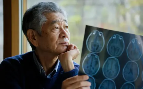 Uomo anziano con scansione cerebrale, riflette sulla possibilità che l'alzheimer sia ereditario.