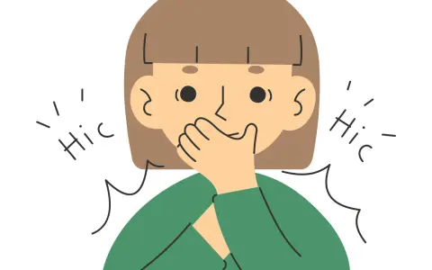 Persona con la mano sulla bocca, circondata da "Hic" che suggeriscono un singhiozzo persistente, quasi come un infarto.