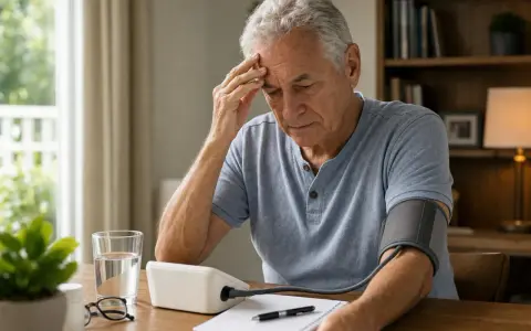 Uomo anziano preoccupato controlla la pressione a 60 anni, con misuratore, bicchiere d'acqua e appunti sul tavolo.